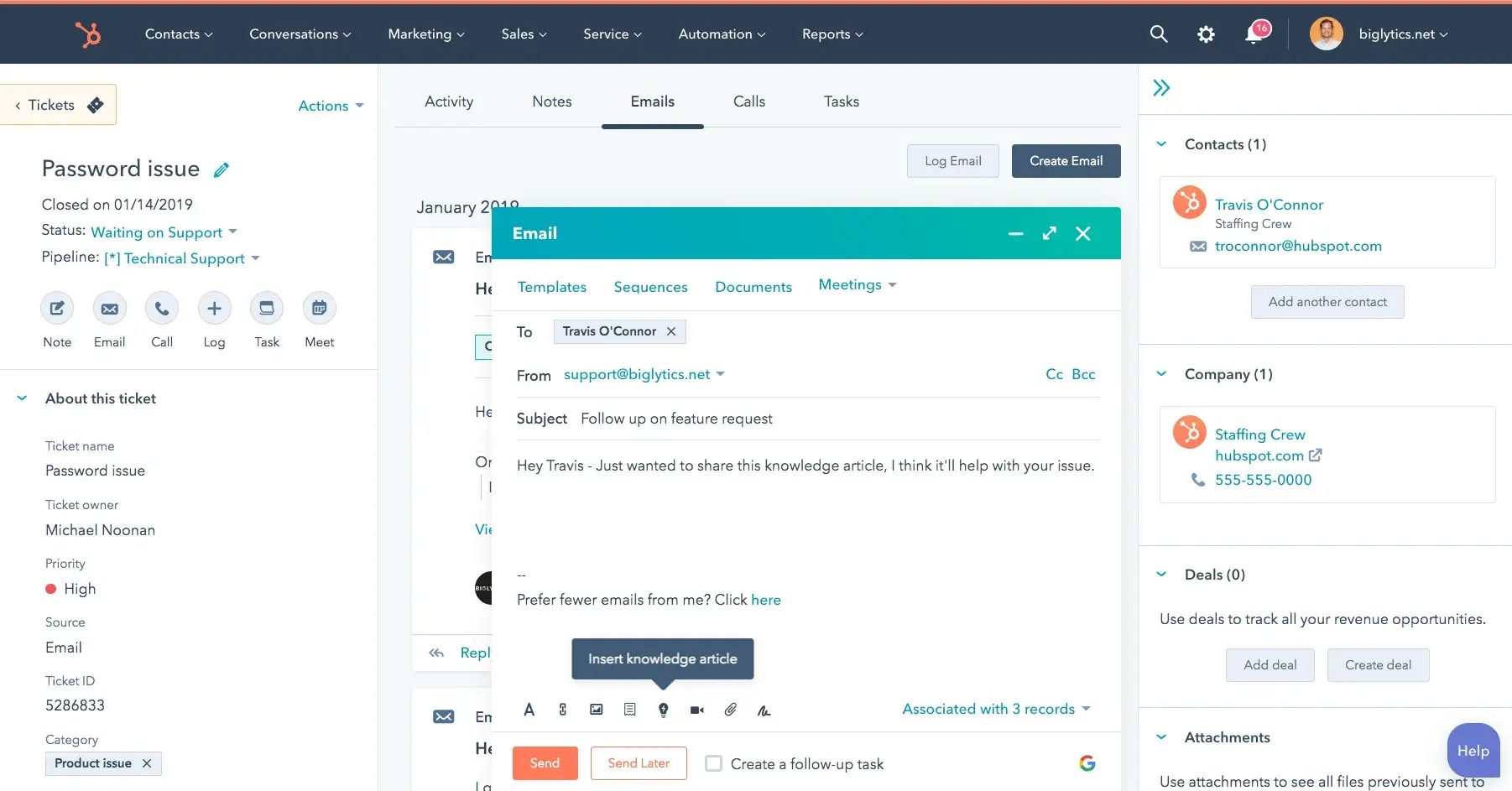 captura de pantalla de la interfaz de usuario del software de email marketing de HubSpot