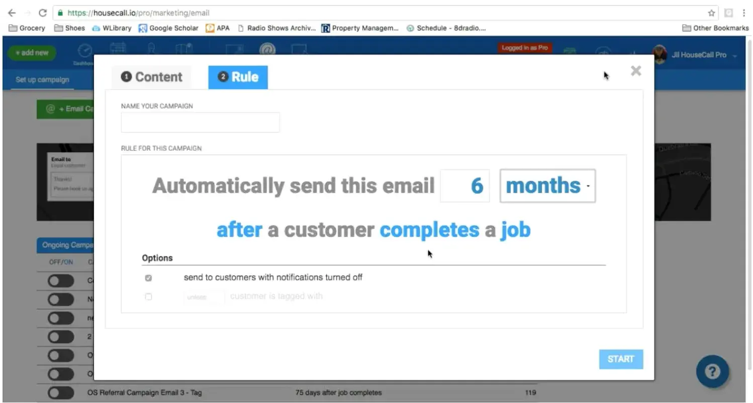 captura de pantalla de la interfaz de usuario del software de email marketing de Housecall Pro