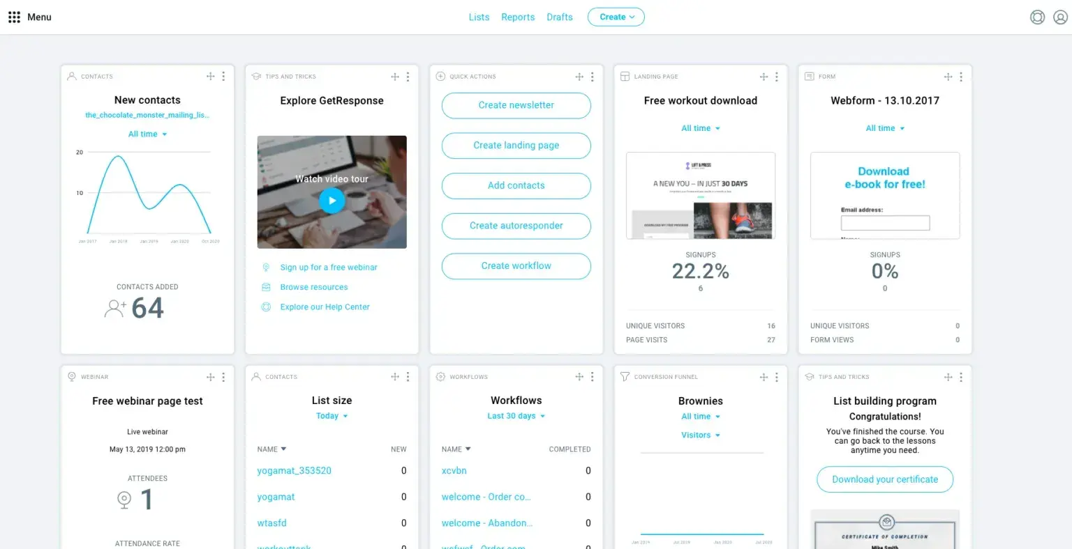 captura de pantalla de la interfaz de usuario del software de email marketing de GetResponse para organización de eventos