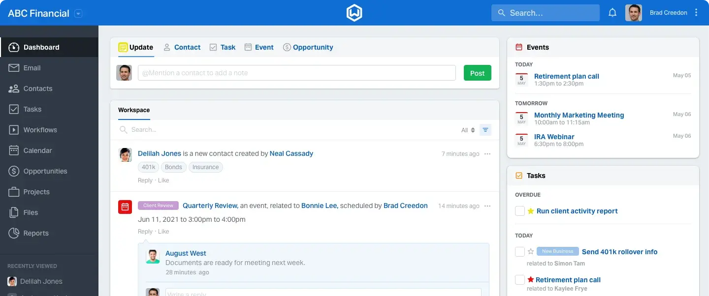 captura de pantalla de la interfaz de usuario del software de email marketing de Wealthbox