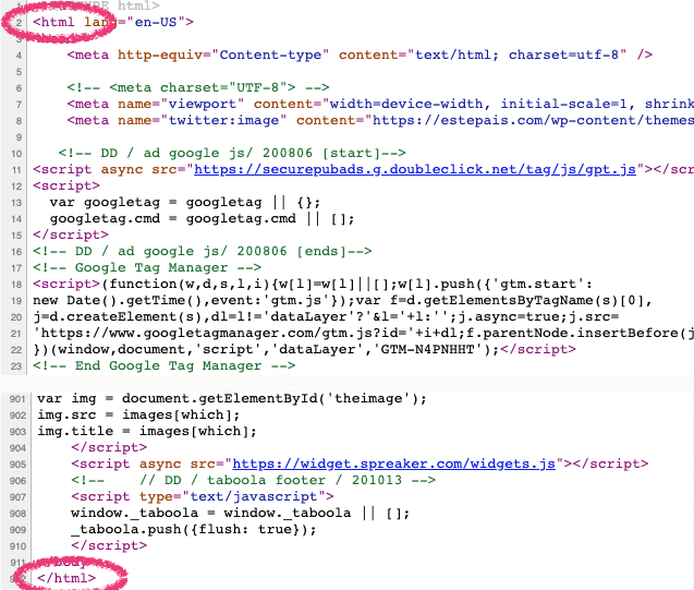 Ejemplo de cómo se inserta la etiqueta <html> en el código de una página web