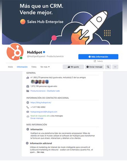Información de la página de Facebook de HubSpot
