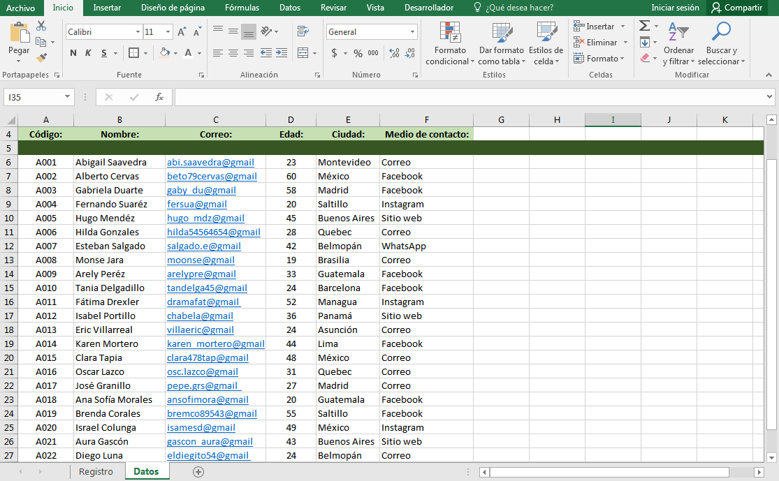 Ejemplo de una base de datos en Excel hoja de datos