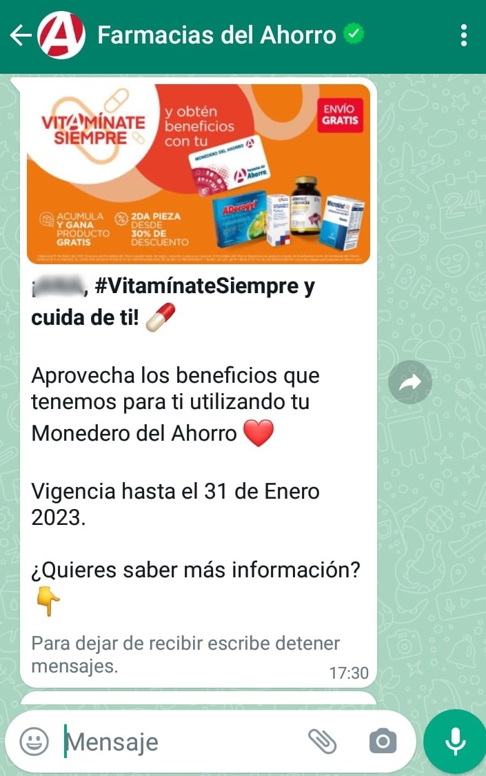 Ejemplo de estrategia de promoción de ventas: WhatsApp de farmacia