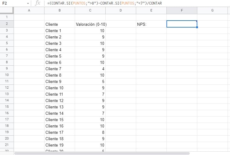 Fórmula de Net Promoter Score en Excel