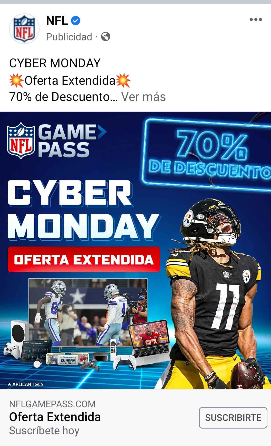 Ejemplo de publicidad en redes sociales de NFL