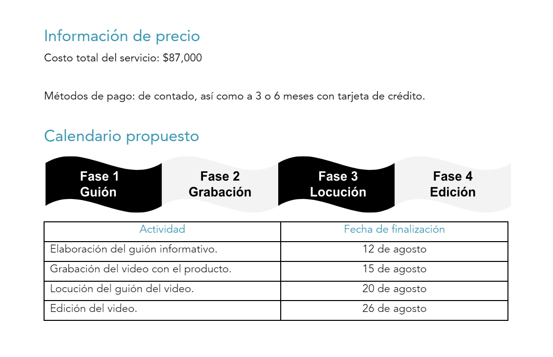 Ejemplo de propuesta comercial de video: información de precios