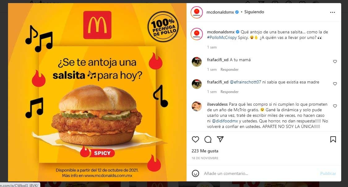 Ejemplo de publicidad en redes sociales de McDonald's