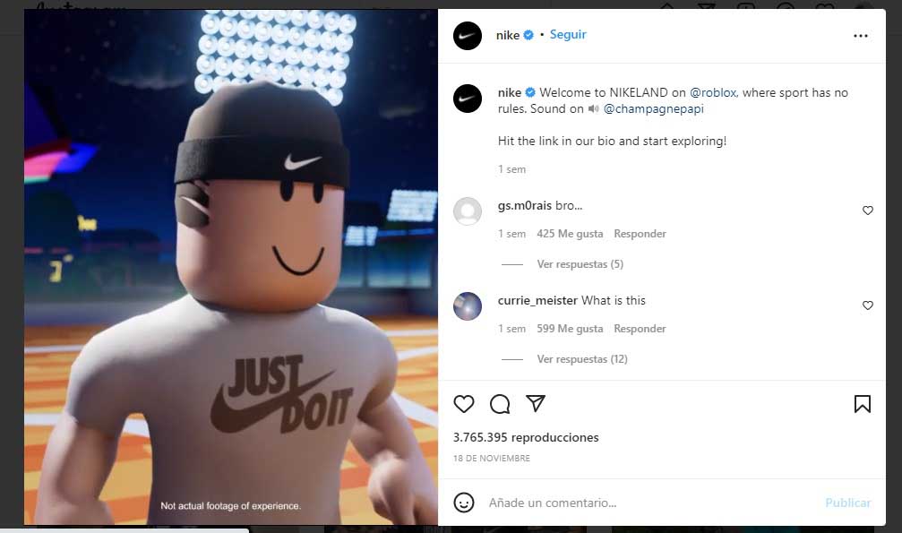 Ejemplo de publicidad en redes sociales de Nike