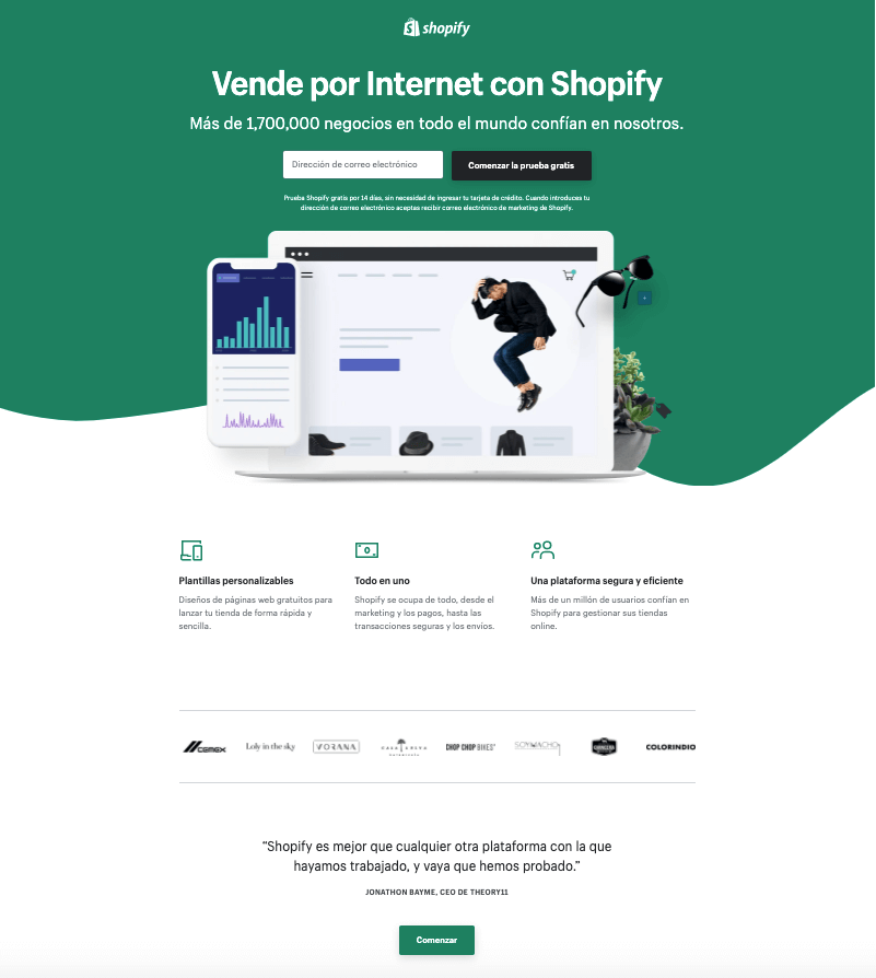 Ejemplos de landing page: Shopify