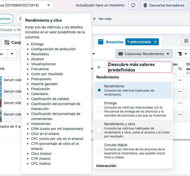Rendimiento - métricas de Facebook
