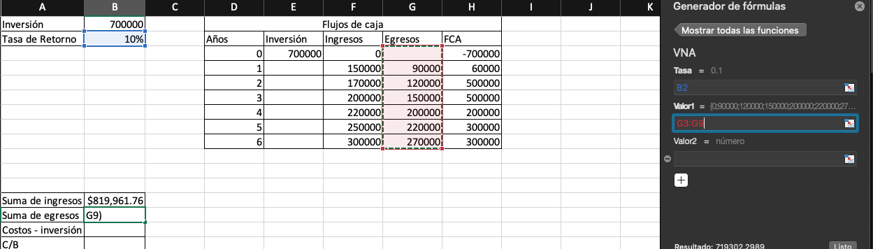 Cálculo de costo beneficio en Excel
