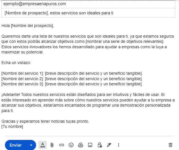 Ejemplo de correo para ofrecer varios servicios con un listado