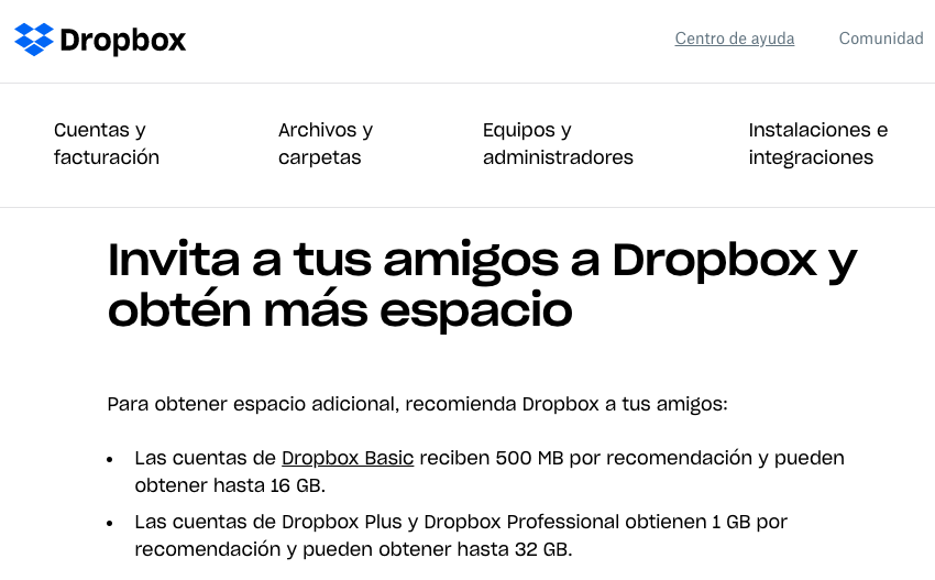 Ejemplo de programa de referidos de Dropbox