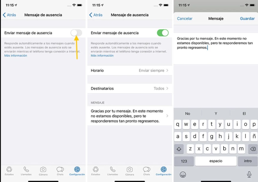 Programar respuestas de WhatsApp en iOS: mensaje de ausencia