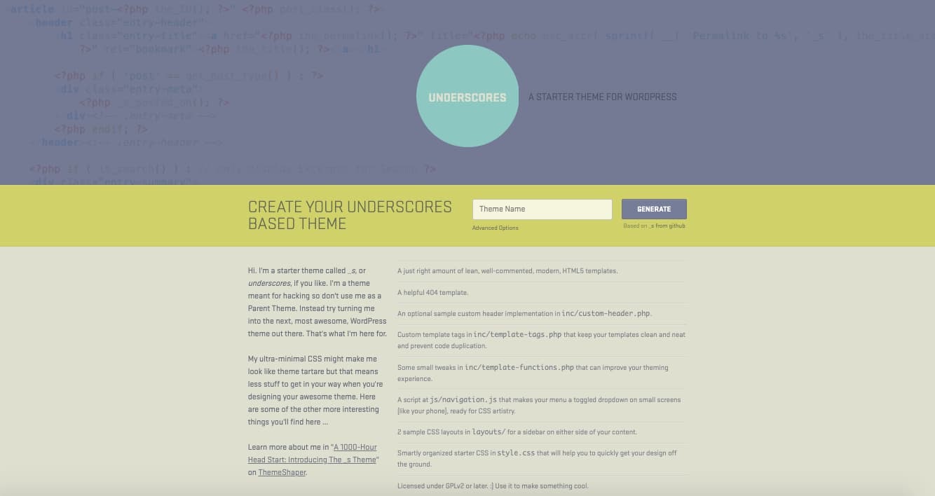 Interfaz de plantilla para el diseño de temas en WordPress: Underscores