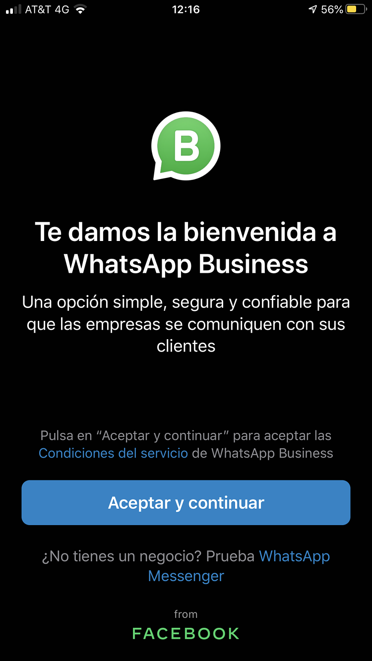 Crear cuenta empresarial en WhatsApp Business: aceptar políticas de privacidad