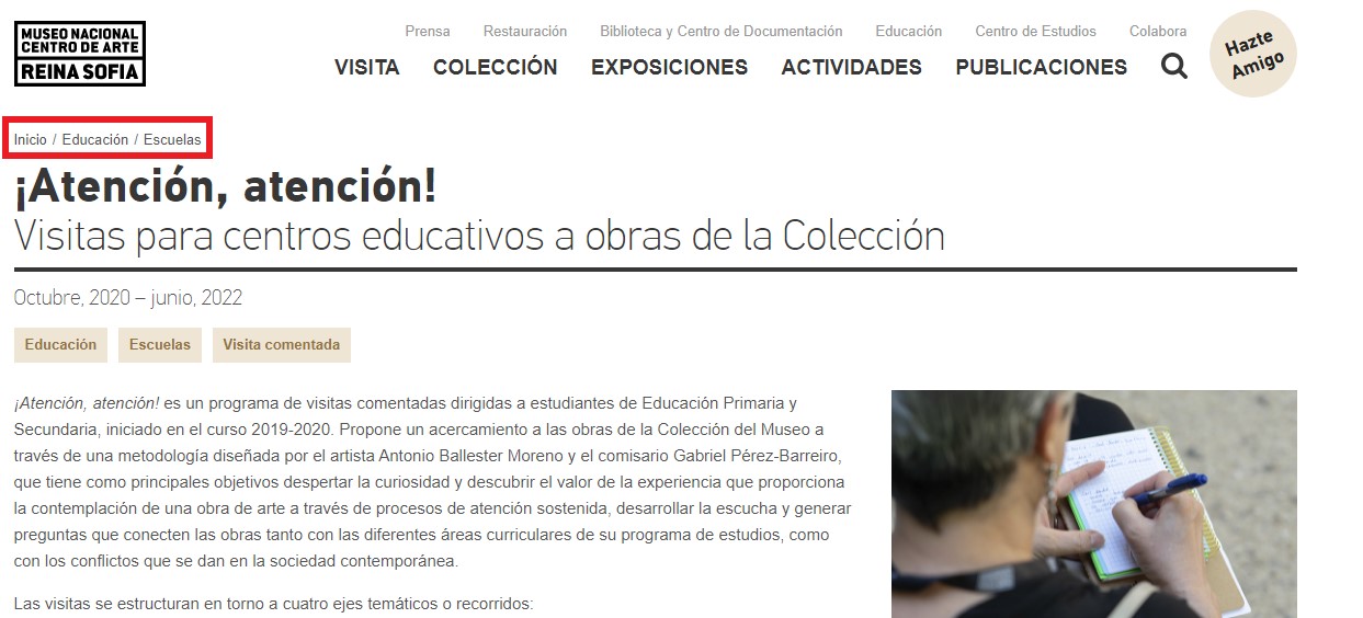 Ejemplo de accesibilidad web: breadcrumbs en el sitio del Museo Reina Sofía