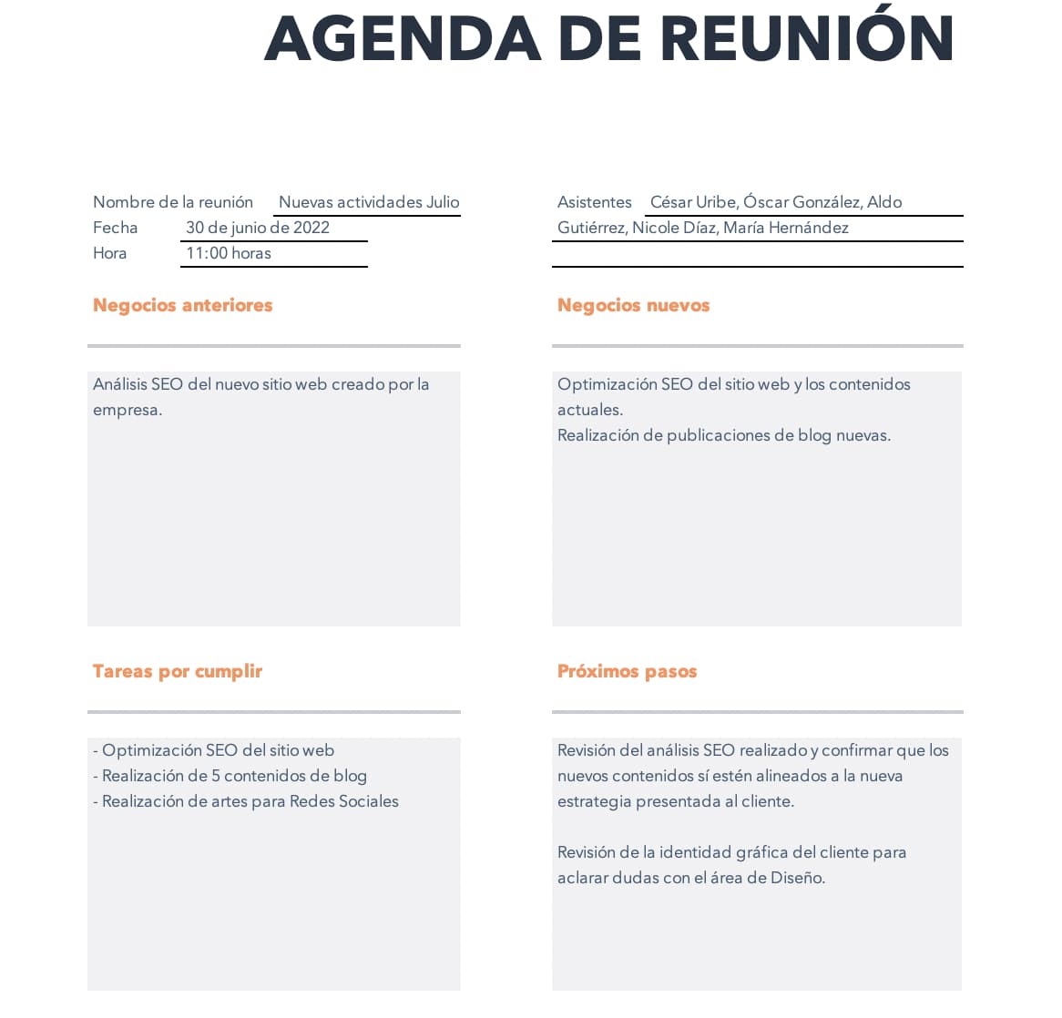 Ejemplo de una agenda de reunión para revisión de nuevas actividades