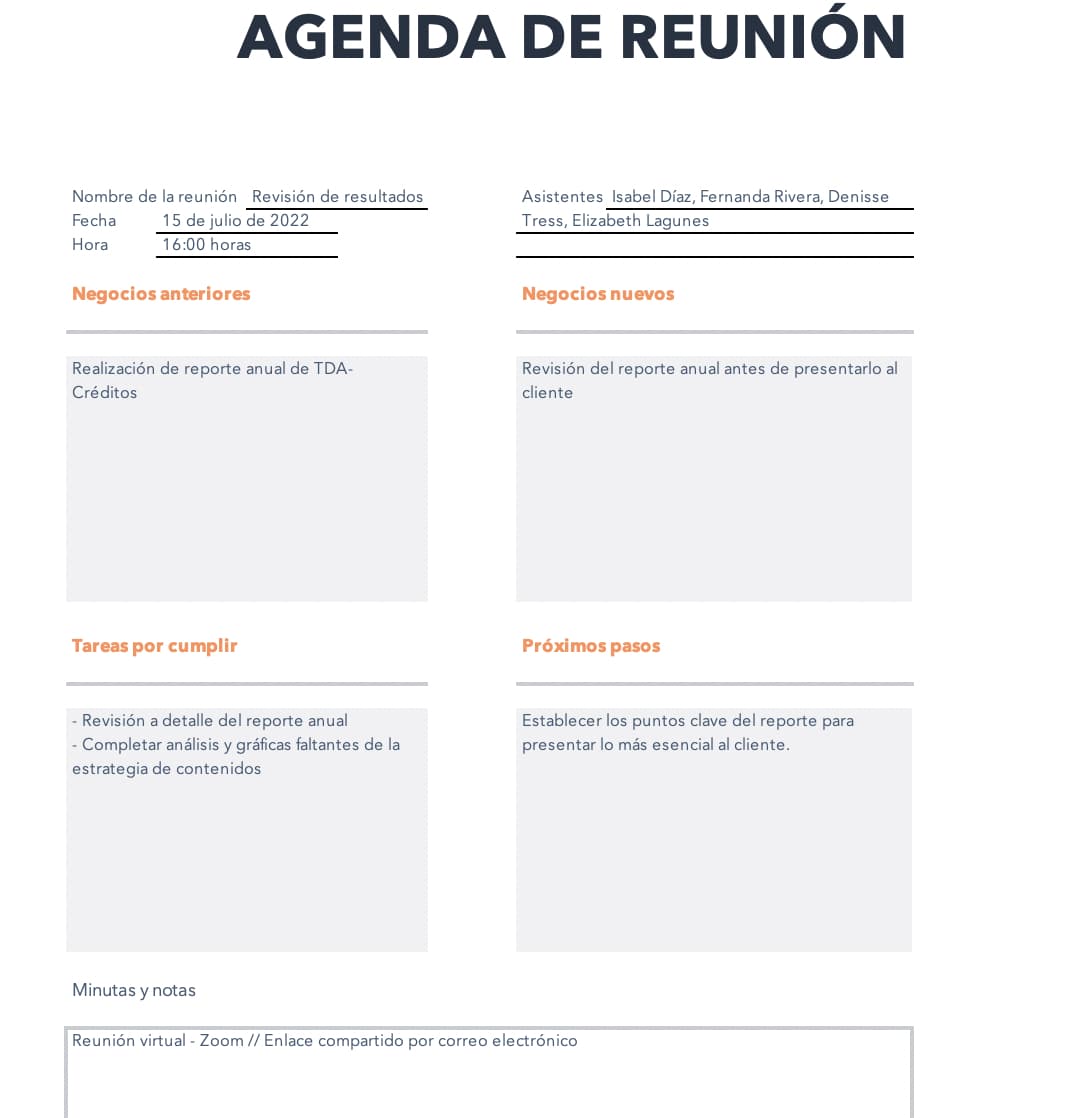 Ejemplo de una agenda de reunión para revisión de resultados