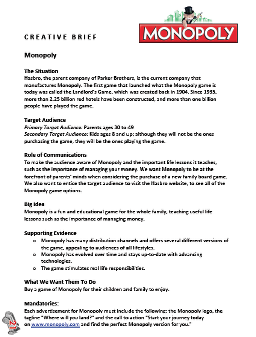 Ejemplo de brief de Monopoly