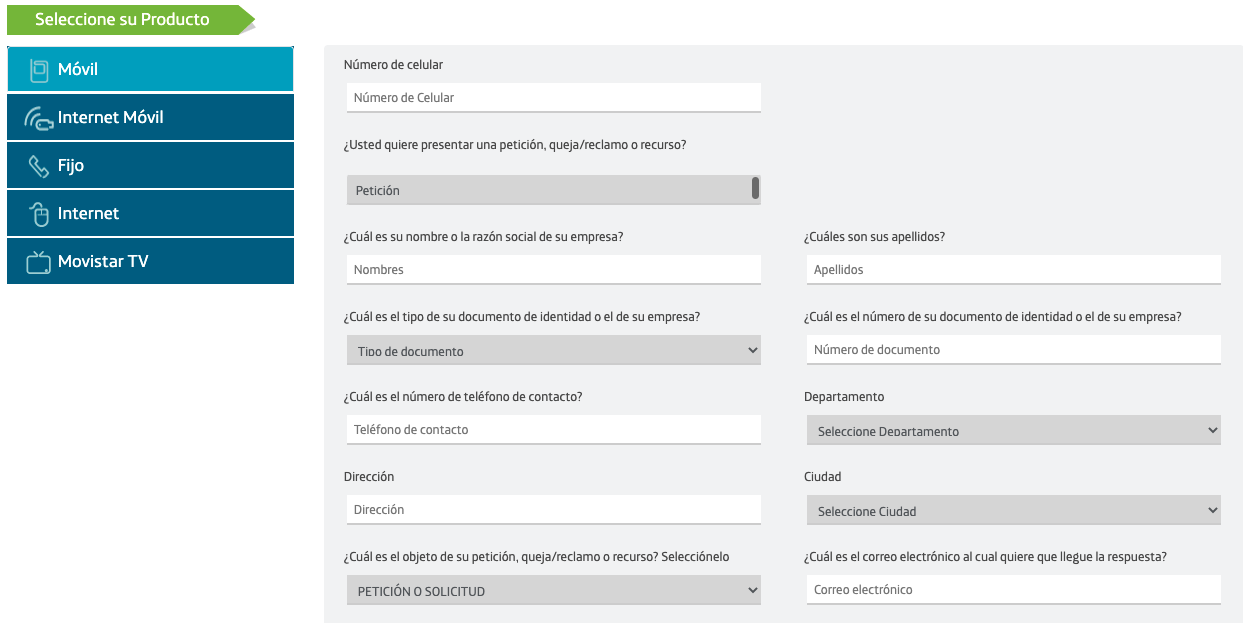 Ejemplo de un buzón de quejas en servicio al cliente de Movistar Colombia
