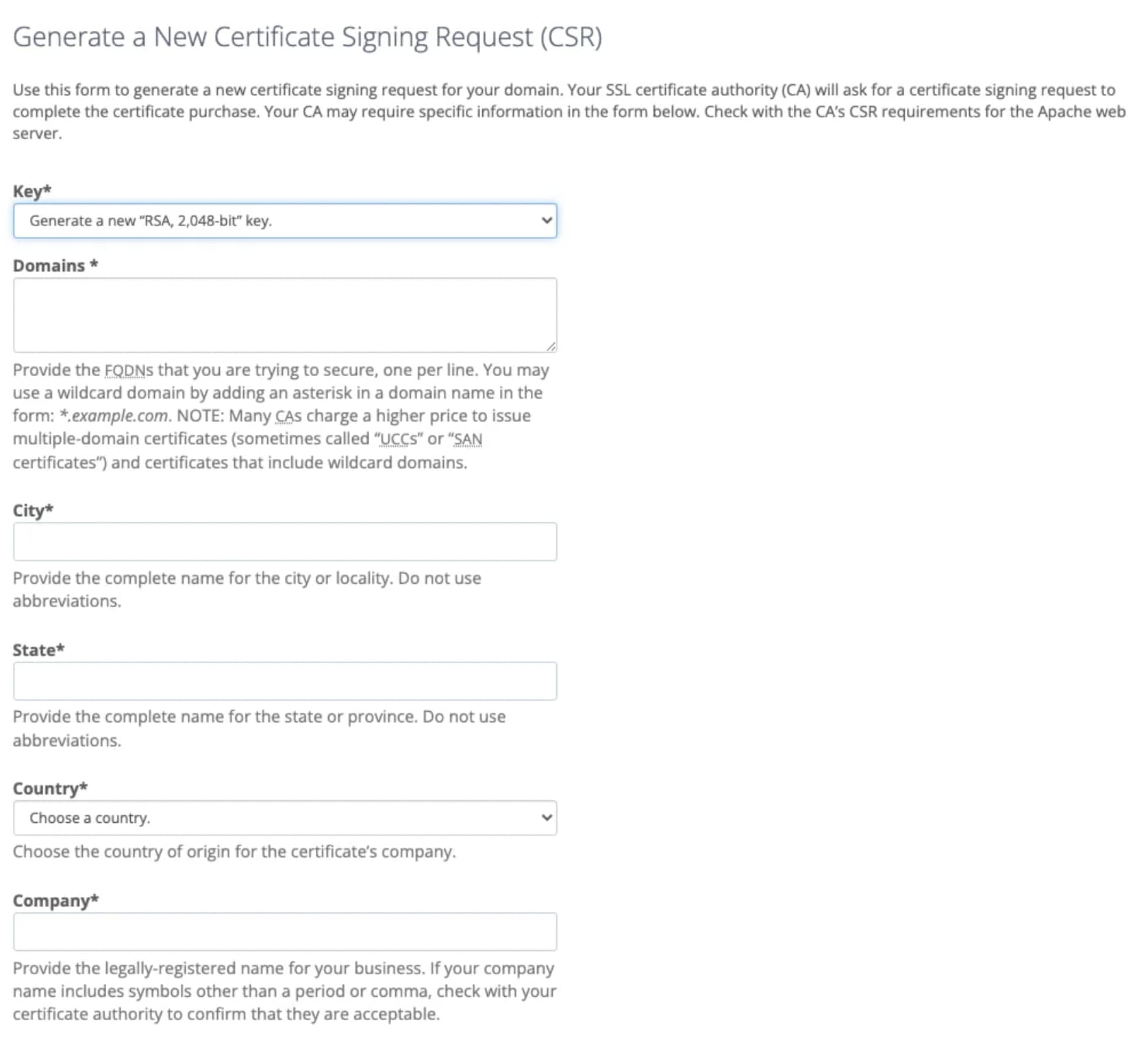 Formulario CSR para solicitar certificado SSL