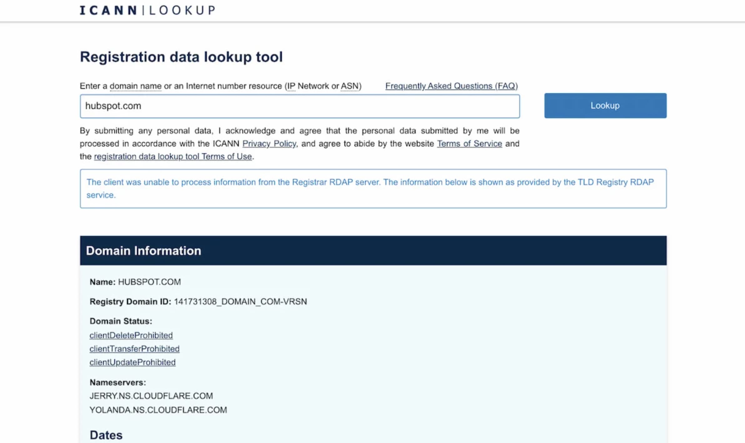 Verificación de sitio web en ICANN Lookup para obtener certificado SSL