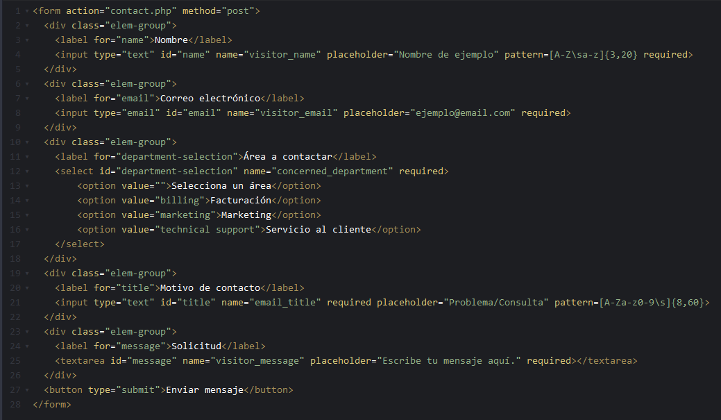 Código HTML para formulario