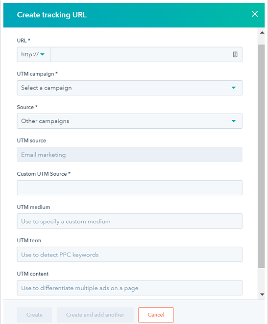 Formulario para crear el URL de seguimiento para un código UTM en HubSpot
