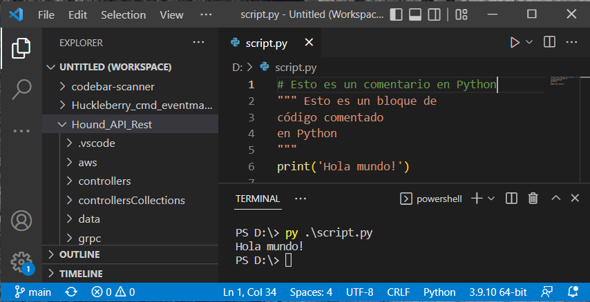 Comentarios en Python: ejecutar script en Visual Studio Code