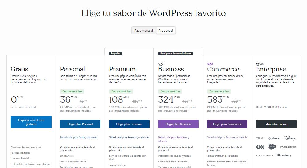 Página web en WordPress: planes