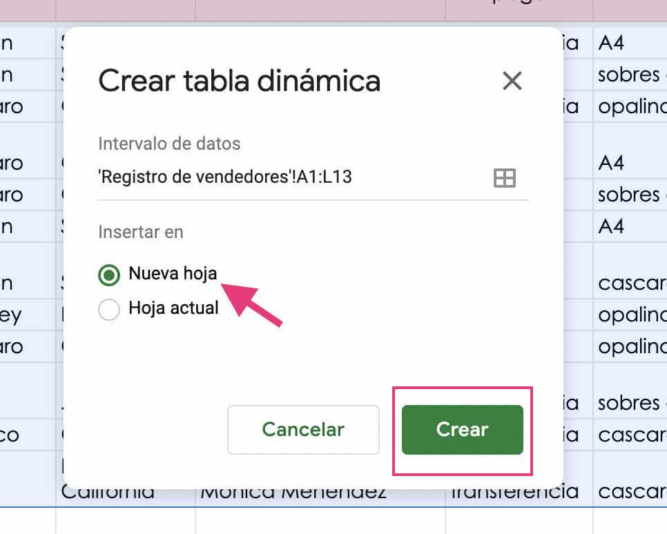 Crear tabla dinámica en nueva hoja para crear un dashboard de ventas en Excel