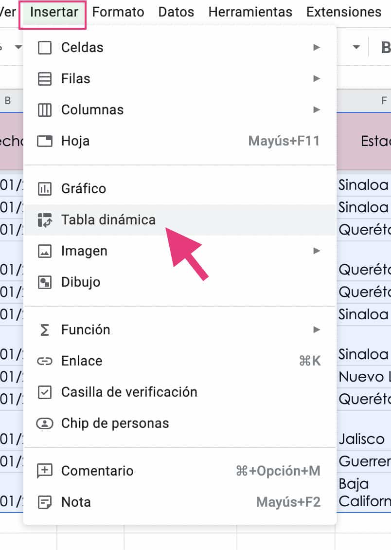 Seleccionar Tabla dinámica en el menú Insertar para crear un dashboard de ventas en Excel