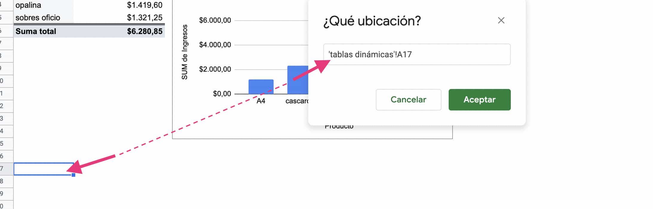 Selección de la ubicación de una hoja actual para hacer una tabla dinámica para crear un dashboard de ventas en Excel