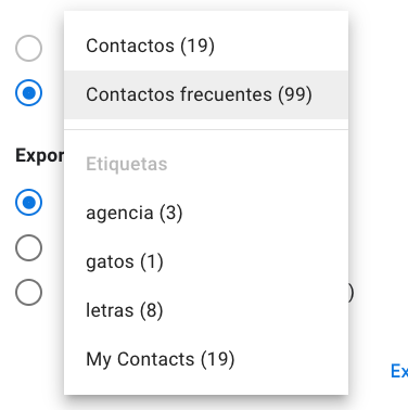 Menú de contactos por uso o etiquetas para exportarlos de Gmail