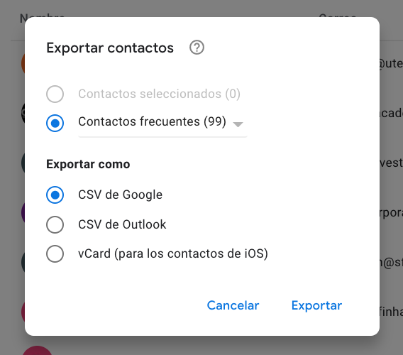 Selección de tipo de archivo para exportar contactos de Gmail