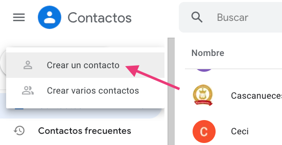 Opción para comenzar a crear un contacto para Gmail