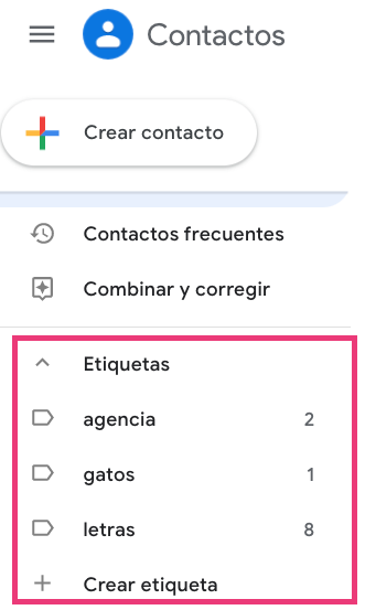 Menú para gestionar Etiquetas para Contactos de Gmail