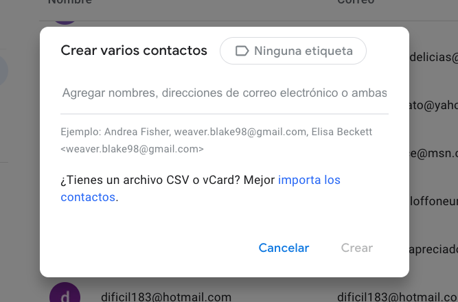 Campos para crear varios contactos al mismo tiempo en Gmail