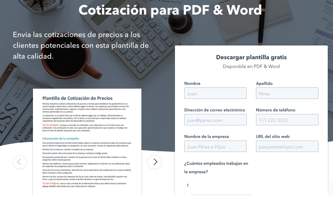 Pantalla para descargar la plantilla de cotización de HubSpot