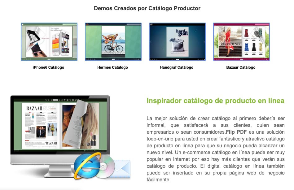 Página de ejemplos de Flip Builder, herramienta para crear un catálogo digital