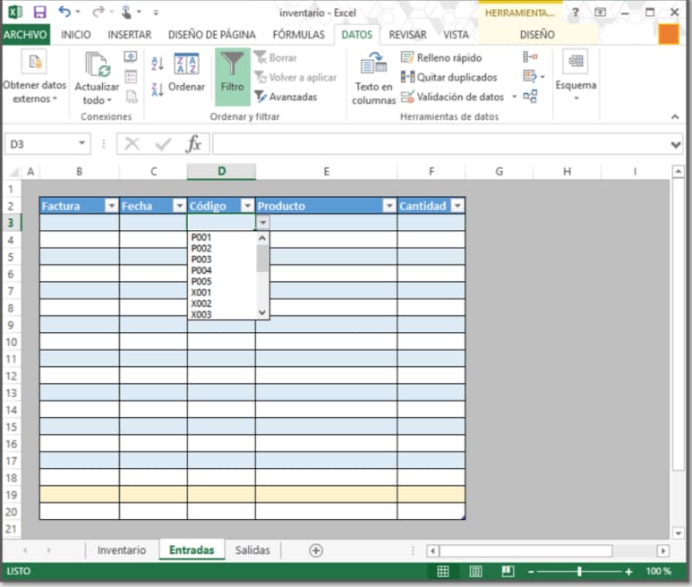 Cómo hacer inventario en Excel: ejemplo de entrada