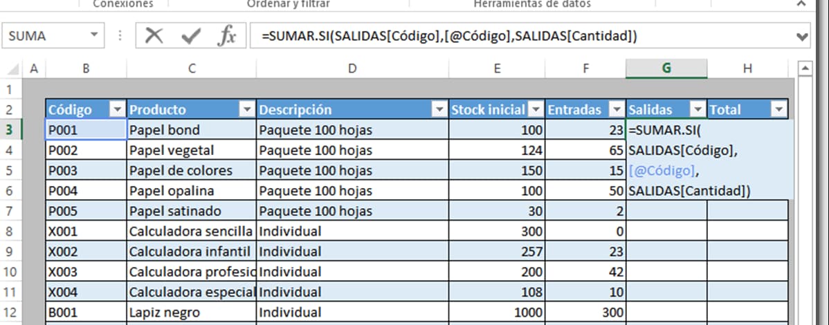Ejemplo de inventario en Excel: salidas