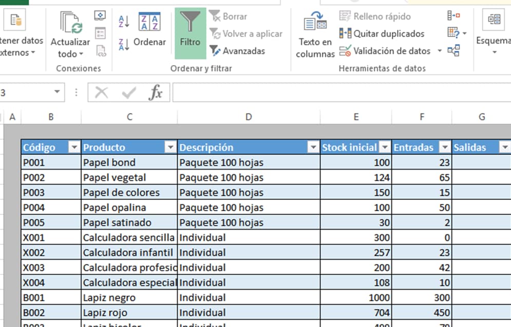 Ejemplo de inventario en Excel: información de entradas