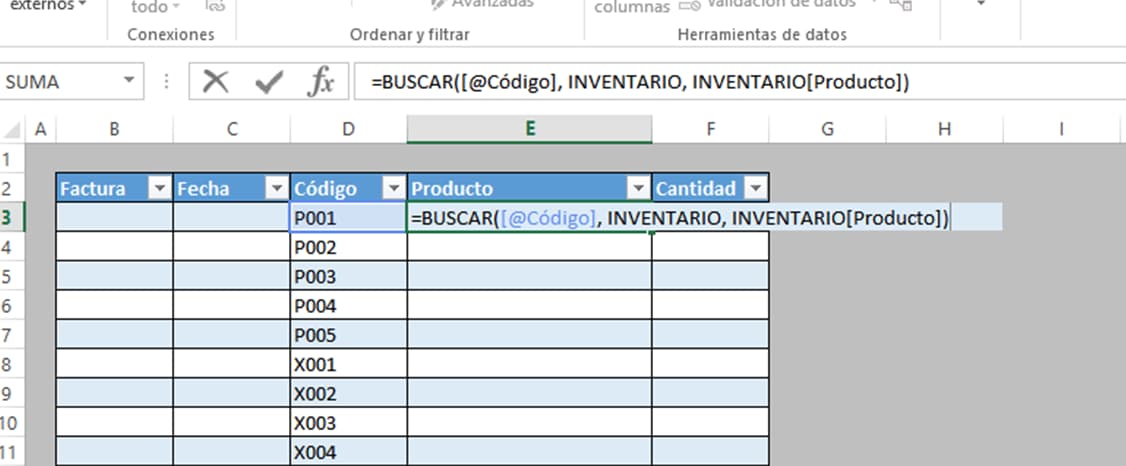 Nombres para productos de inventario en Excel