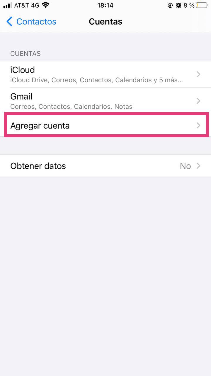Seleccionar Agregar cuenta para sincronizar contactos de iOS con Gmail