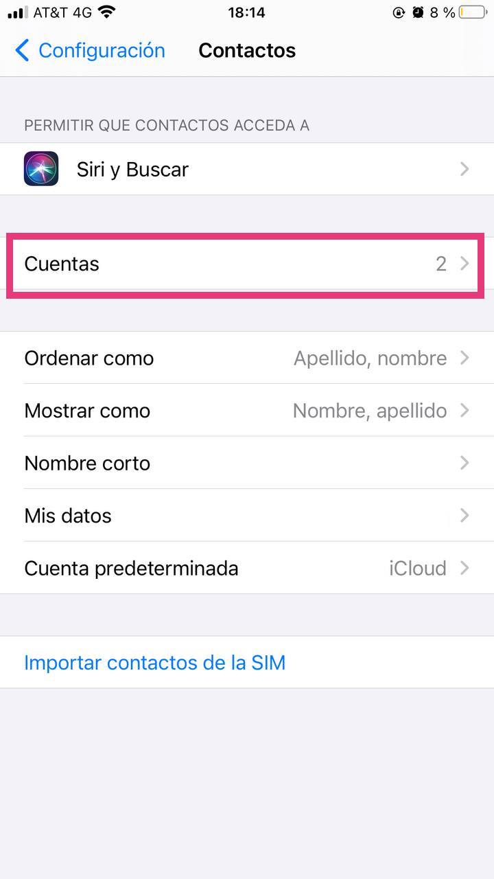 Sección de Cuentas de Contactos para sincronizarlos con Gmail desde un dispositivo iOS