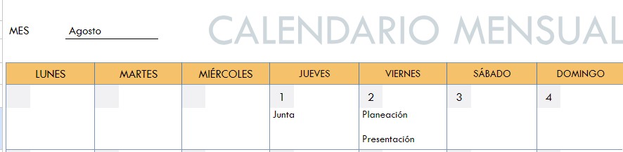 Formato de calendario en Excel: actividades