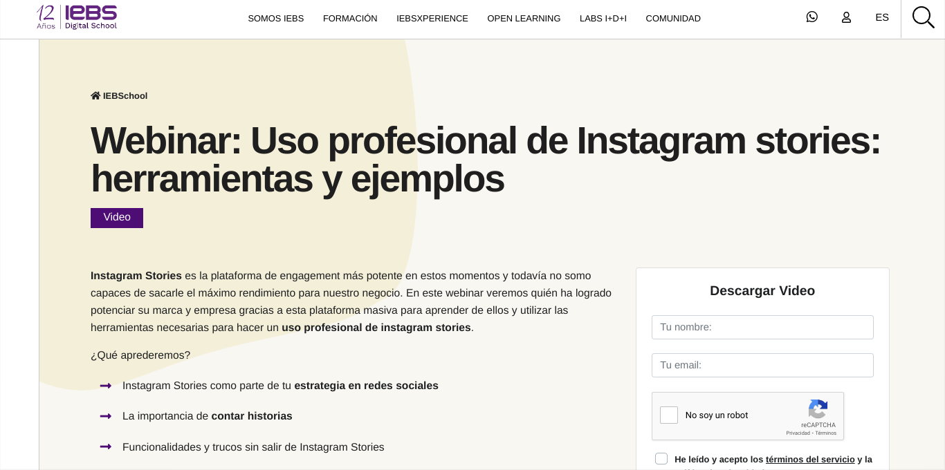 Curso de marketing digital: IEBS - Webinar: Uso profesional de Instagram stories